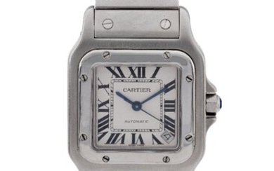 Cartier. A stainless steel automatic calendar bracelet watch 'Santos Galbee XL', Ref. 2823, c. 2015 Silvered dial, printed black Roman numerals, black inner minute track with 5 minute markers, secret signature at 7, date aperture between 4/ 5...