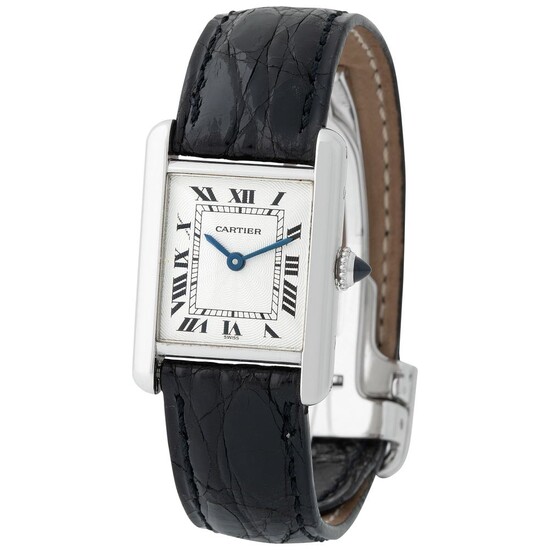 Cartier. Fine and Charming Tank Wristwatch in Platinum, Reference 1611-1 With Roman Black Numbers