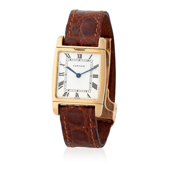 Cartier Paris. Special Reverso Rectangular-Shape Wristwatch in Yellow Gold, With Two independent Movements, Double White and Champagne Dial With Roman Numbers
