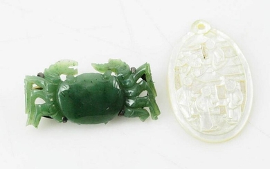 Carved Jade Crab Brooch, Mother-of-Pearl Pendant