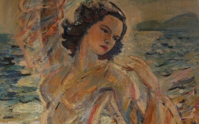 Charles KIFFER (1902-1992) Madame Steiner dansant devant la mer Huile sur isorel signée en bas à droite 93 x 73 cm.