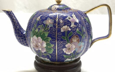 Chinese Cloisonne Teapot on Wood Stand, 2