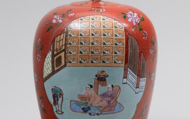 Chinese Iron Red Ground Porcelain Erotic Ginger Jar and Cover