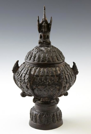 Chinese Patinated Bronze Covered Incense Burner, late