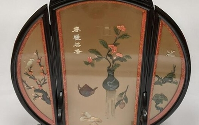 Chinese Round Hardstone Triptych on Stand