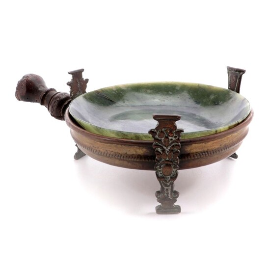 Chinese Serpentine and Metal Tripod Bowl with Wood Handle