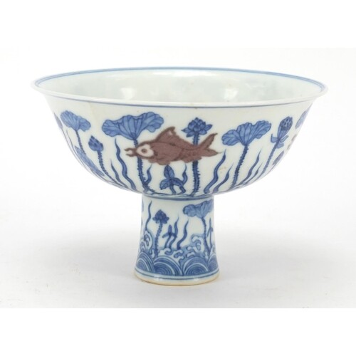 Chinese blue and white with iron red porcelain stem bowl han...