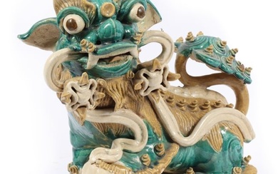 Chinese foo dog Sancai glazed Shiwan pottery statue 16 1/2"H x 18"W x 9 1/4"D