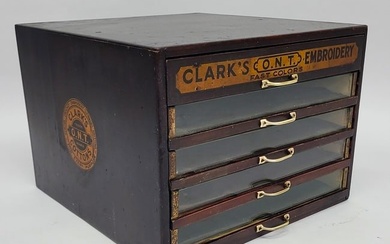 Circa 1910 Clark's 5 drawer spool cabinet Marked Clarks ONT Cottons, embroidery, darning, knitting