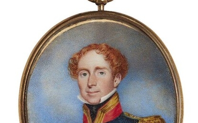 Circle of George Place, British c.1755-1805/9- Portrait miniature of a British officer, quarter-length turned to the left, wearing blue uniform, red collar with gold piping, gold epaulettes and buttons, against a cloudy sky background, oval, in a...