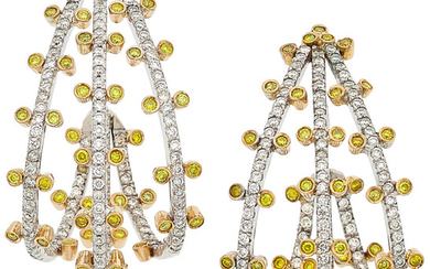 Colored Diamond, Diamond, Gold Earrings Stones: Full-cut near colorless...