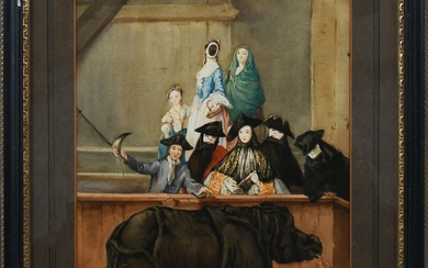 D'APRÈS PIETRO LONGHI (1701-1785) Exposition d'un rhinocéros à Venise Aquarelle rehaussée de blanc 44 x...