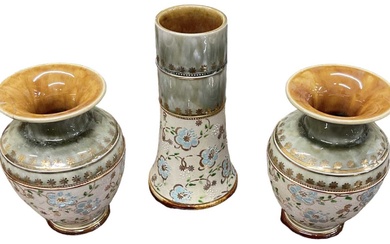 DOULTON LAMBETH; a three piece chimney set comprising central vase,...