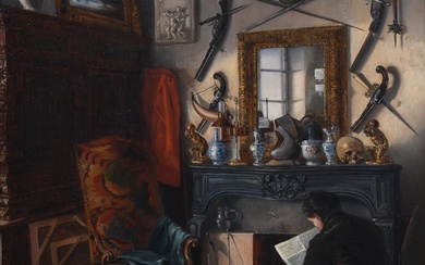 DUTCH SCHOOL, 19TH CENTURY, THE COLLECTOR READING BY THE FIREPLACE, Oil on canvas, 31 1/2 x 25 1/2 in. (80 x 64.8 cm.), Frame: 39 x 33 1/4 in. (99.1 x 84.5 cm.)