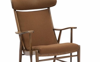 NOT SOLD. Danish furniture design: High back easy chair with frame of stained beech. Seat and back upholstered with brown wool. – Bruun Rasmussen Auctioneers of Fine Art