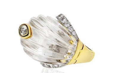 David Webb Rock Cryst Platinum & 18K Yellow Gold Marquise Cut Diamond Carved Ring