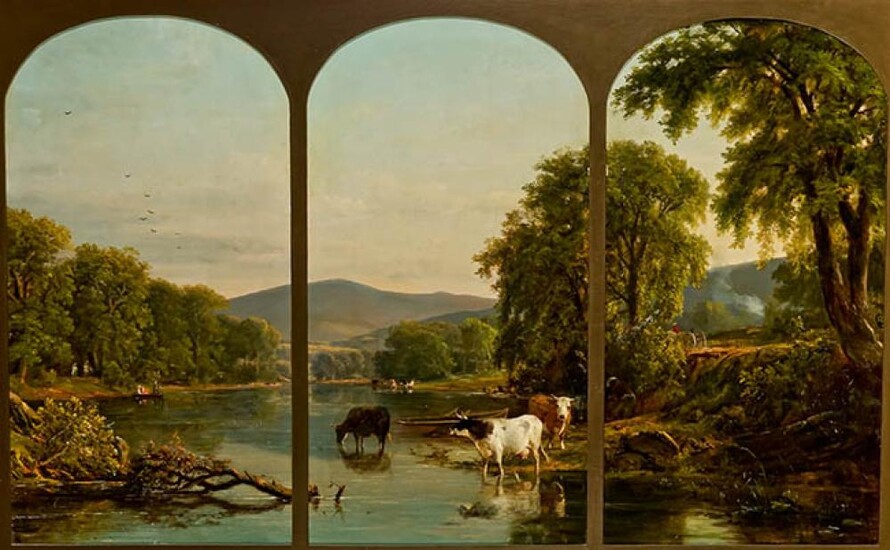 DeWitt Clinton Boutelle (Am.1820-1884), Mountain River Landscape, Oil on Canvas Mounted as a Triptych, 34 x 55 inches