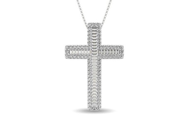 Diamond 1/2 Ct.Tw. Round and Baguette Cross Pendant in 14K White Gold