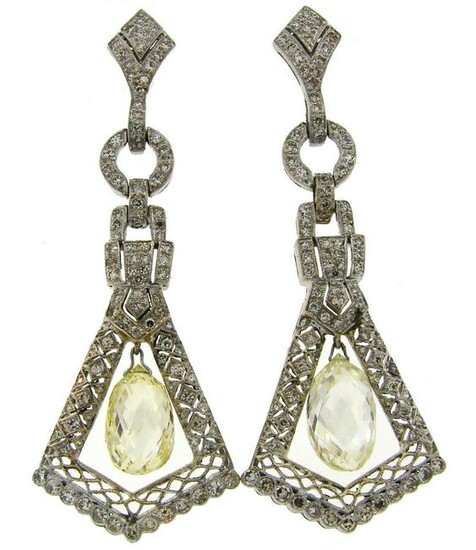Diamond Briolette White Gold Dangle EARRINGS 1930s
