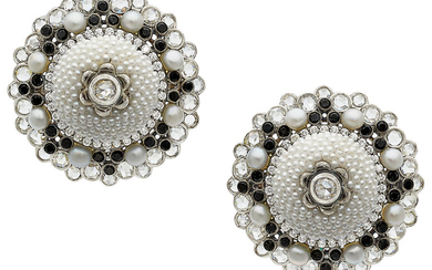 Diamond, Colored Diamond, Seed Pearl, White Gold Earrings Stones:...