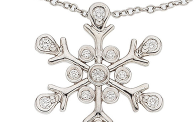 Diamond, Platinum Pendant-Necklace The snowflake pendant features full-cut diamonds...