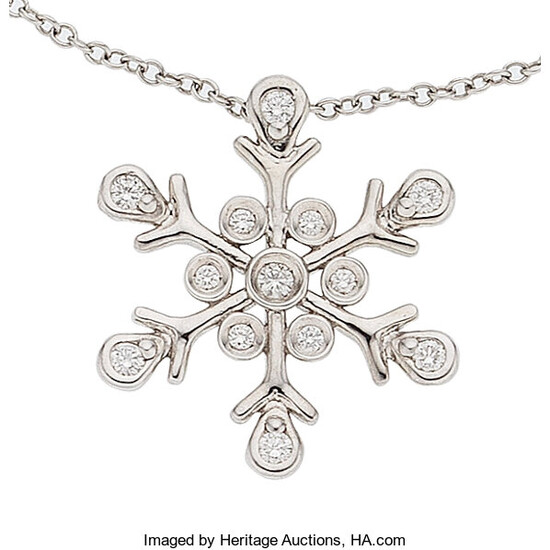 Diamond, Platinum Pendant-Necklace The snowflake pendant features full-cut diamonds...