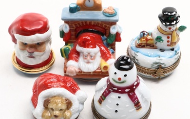 Dubarry Limoges Hand-Painted Porcelain Snowman Box and Enamel Christmas Boxes