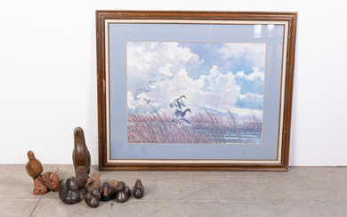 Duck Print, Decoy and Various Wood Carved Birds