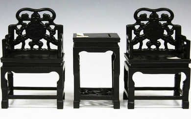 EARLY CHINESE CARVED WOOD 3 PC. MINIATURE SET