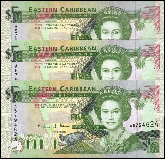 EAST CARIBBEAN STATES. Lot of (3). Central Bank. 5 Dollars, 1993. P-26a. Consecutive. Uncirculated.