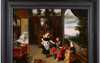 ECOLE FLAMANDE du XVIIè. « Le Christ chez Marthe et Marie ». Grande huile sur...