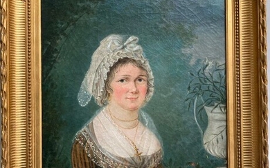 ECOLE FRANCAISE du XIXème Portrait de dame aux fleurs Huile sur toile 45.5 x 37...