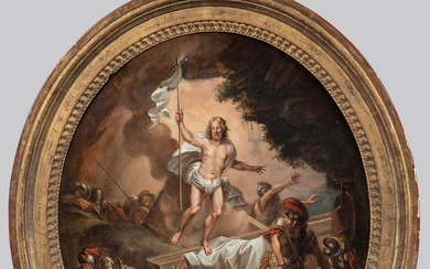 ECOLE ITALIENNE du XVIIIème siècle. Résurrection du Christ. Huile sur toile ovale. 55 x 48 cm. Dans un cadre en bois doré.