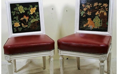 EIGHT FRENCH STYLE PAINTED BACK LEATHER CHAIRS