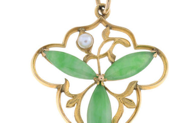 Early 20th century gold jade & cultured pearl pendant