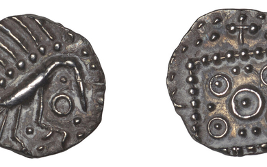 Early Anglo-Saxon Period, Sceatta, Continental series E, variety J, plumed bird-like figure,...