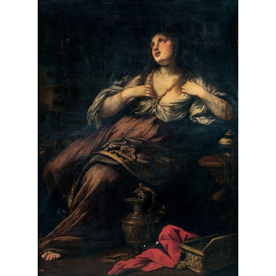 École BOLONAISE vers 1660 Marie Madeleine Bolognese school circa 1600, Mary-Magdalena, canvas transposed on canvas 57 7/8 X 43 ¼ IN.
