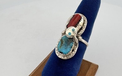 Effie Calavaza Zuni Sterling Turquoise Coral Ring