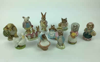 Eleven Beswick Beatrix Potter figures - Anna Maria, Hunca Munca, Flopsy Mopsy and Cottontail, Goody Tiptoes, Mr Alderman Ptolemy, Johnny Town-Mouse, Mr Benjamin Bunny, Pigling Bland, Mrs Tittlemous...