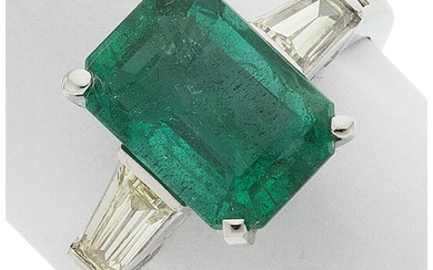 Emerald, Colored Diamond, Platinum Ring Stones: Emerald-cut emerald weighing...