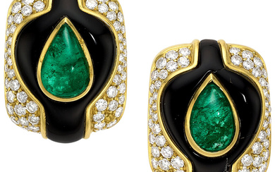 Emerald, Diamond, Black Onyx, Gold Earrings Stones: Emerald cabochons;...