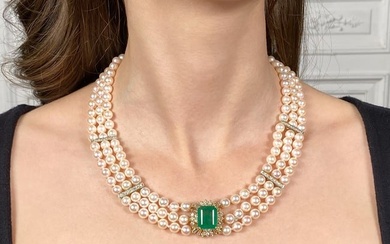 Emerald, Pearl And Diamond Necklace, 14k