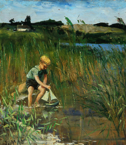 Emilie Mundt. Landskab med dreng, der leger med en båd imellem sivene i en sø, 1885