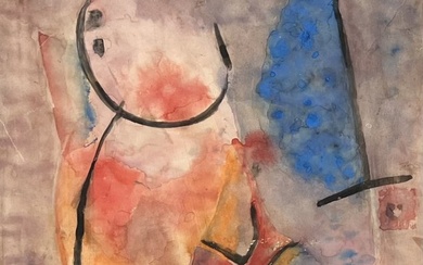 European School Modernist Watercolor Abstract With Figure, Signed