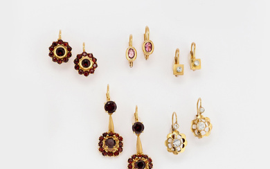 FIVE PAIRS OF 18K YELLOW GOLD AND GEM-SET EARRINGS...