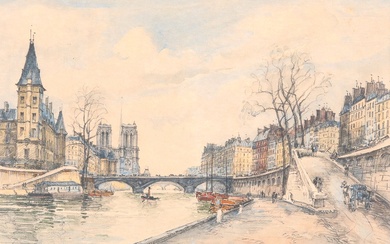 FRANK-WILL (1900-1951). Paris, le pont Saint-Michel. Aquarelle et crayon, signée et située en bas à...