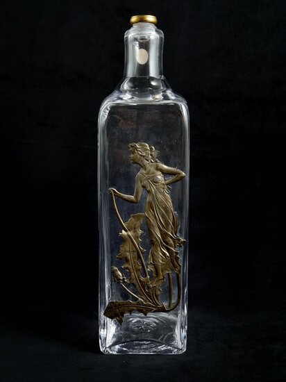 FRENCH ART DECO GLASS DECANTER WITH BRASS OVERLAY