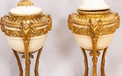 FRENCH MARBLE & DORE BRONZE URNS, PAIR