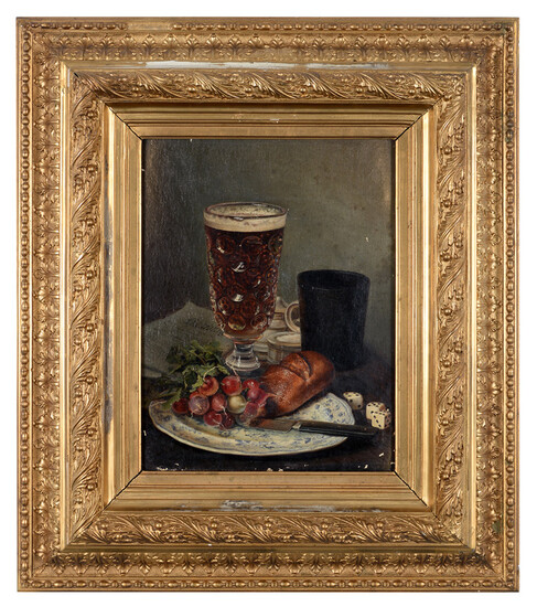 FRIEDRICH HEIMERDINGER. Still life with a beer glass, lunch plate and dice cup. Oil on canvas.