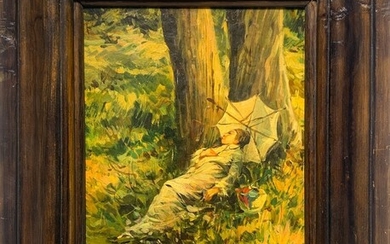 Femme allongée sous un arbre. Huile de carton pressé 29x19 cm